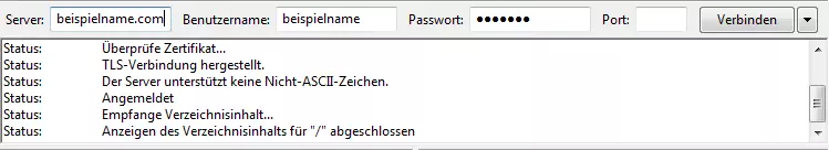 Nachrichtenprotokoll von FileZilla unter der Quickconnect-Leiste