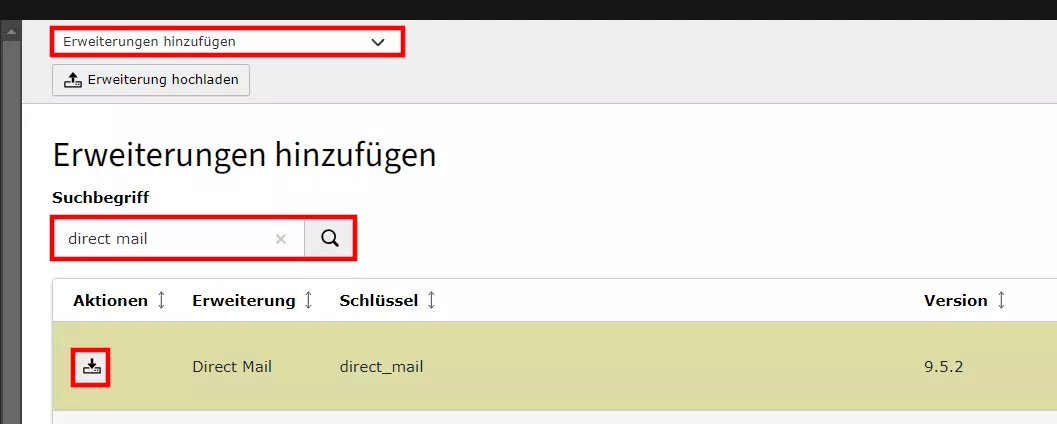 TYPO3-Backend: Direct Mail installieren
