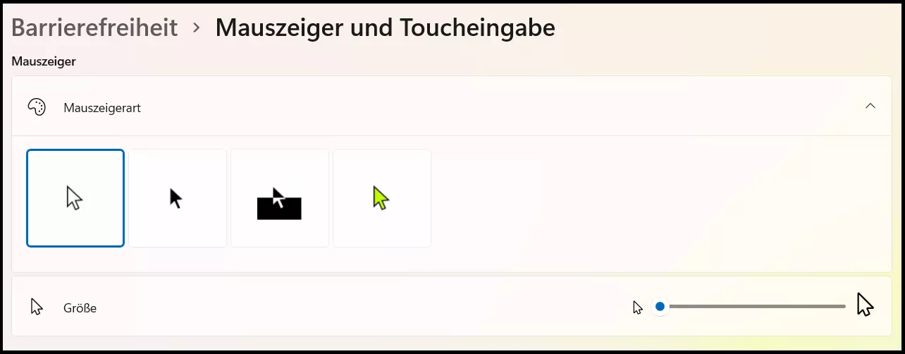 Das Menü „Mauszeiger“ im Einstellungen-Bereich „Verwandte Einstellungen“