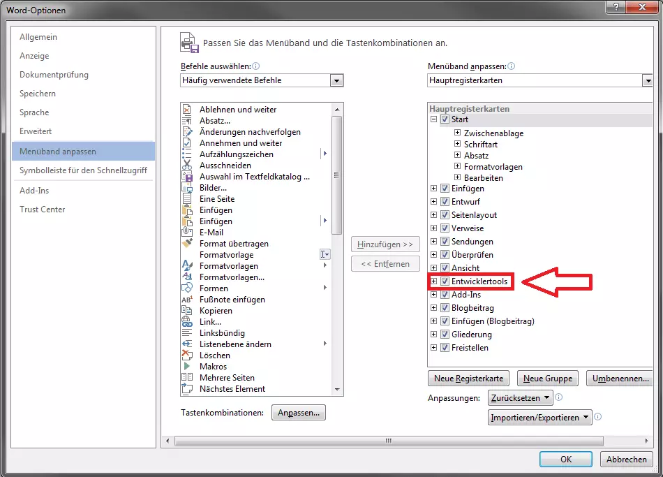 Entwicklertools in den Optionen von MS Word