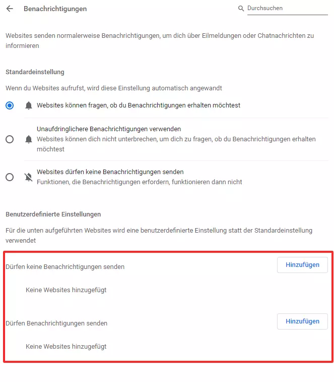 Screenshot der Chrome-Einstellung, welche Websites Benachrichtigungen senden