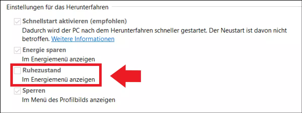 Windows 10: Menü „Einstellungen für das Herunterfahren“