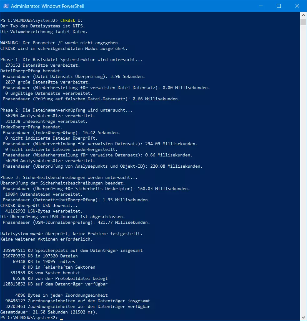 Windows PowerShell: Kommandozeilen-Tool chkdsk