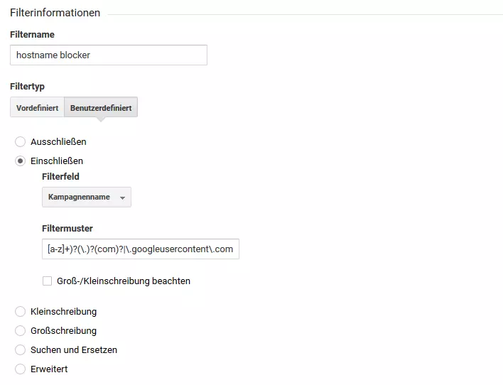 Google-Analytics-Demokonto: Filterfunktion