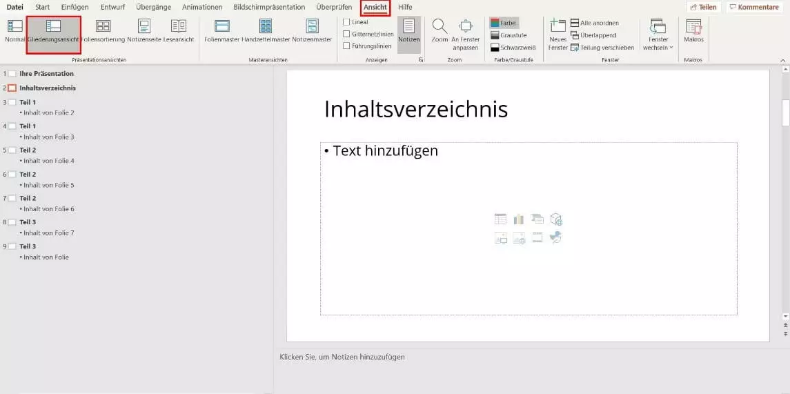 PowerPoint-Inhaltsverzeichnis: Gliederungsansicht