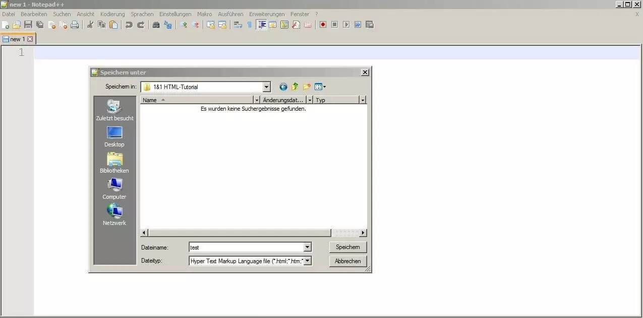HTML-Testseite in Notepad++ speichern
