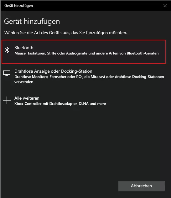 Screenshot der Optionen für eine Bluetooth-Verbindung