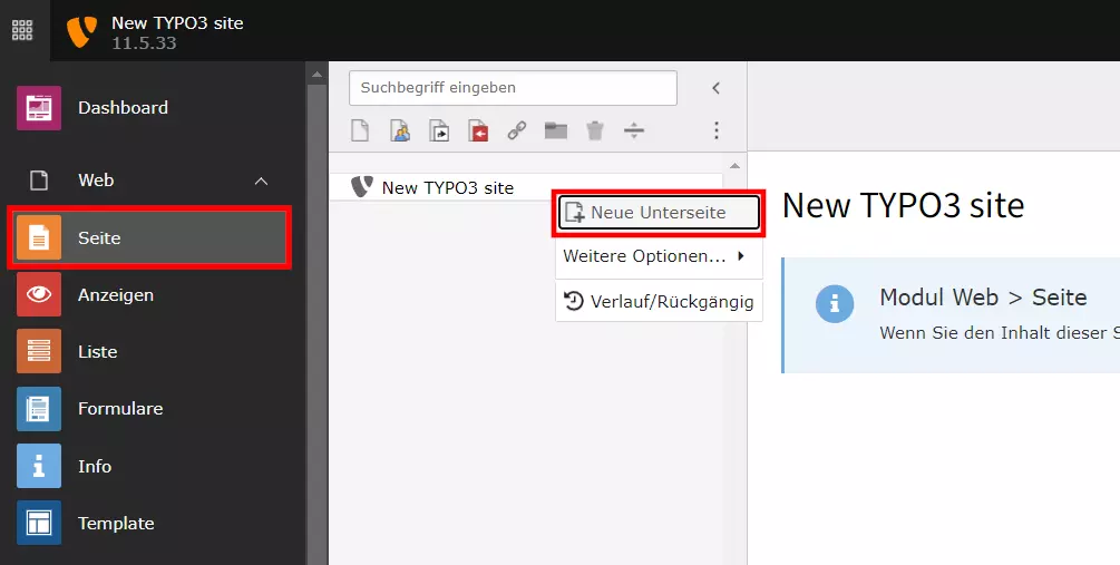 TYPO3: Neue Unterseite anlegen