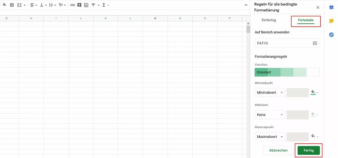 Google Tabellen: Menü zur Farbskala-Formatierung