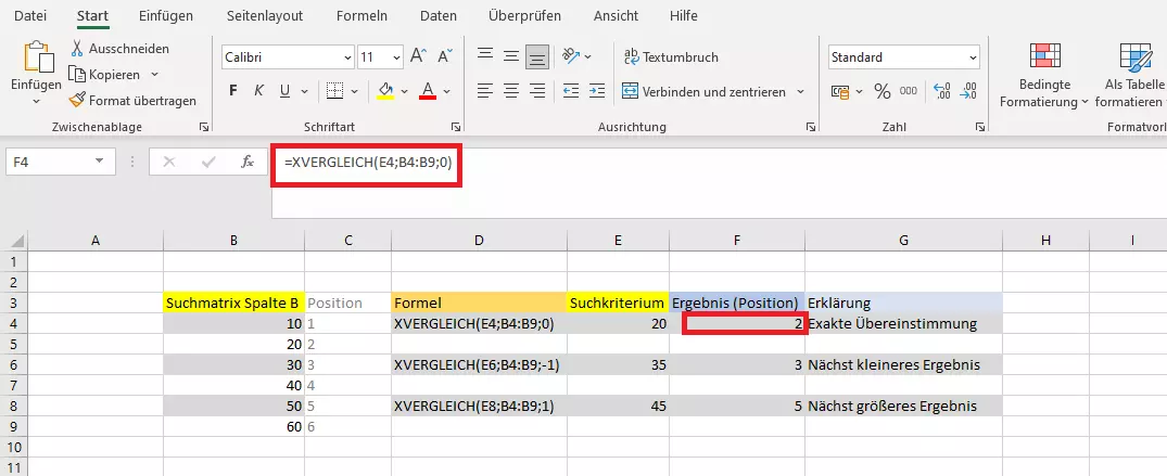 XVERGLEICH-Beispielanwendung in einer Excel-Arbeitsmappe