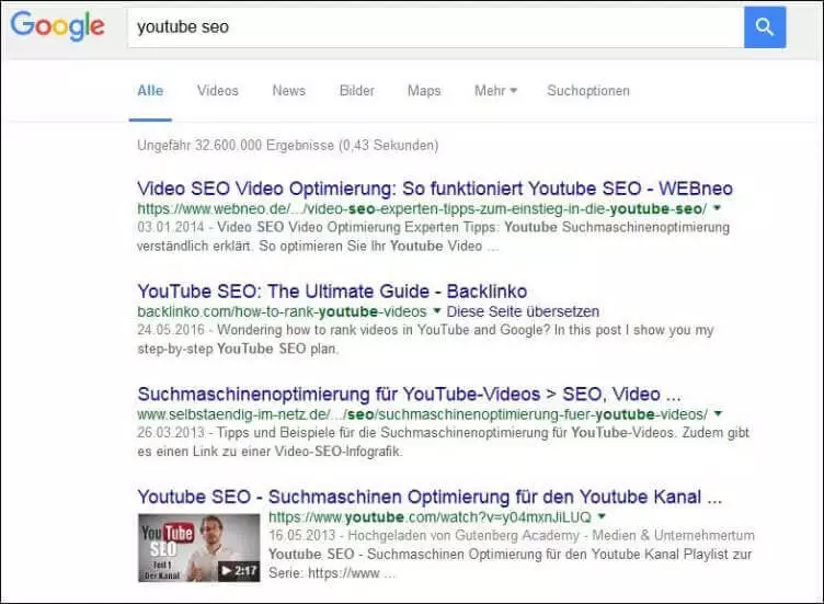 Ergebnisseite zur Suche “youtube seo” auf Google