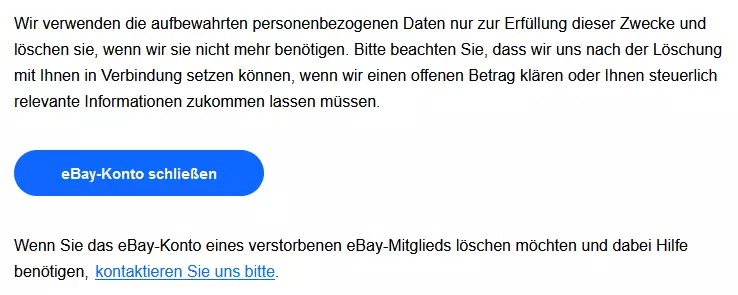 eBay-Hilfeseite zum Thema „Konto schließen“