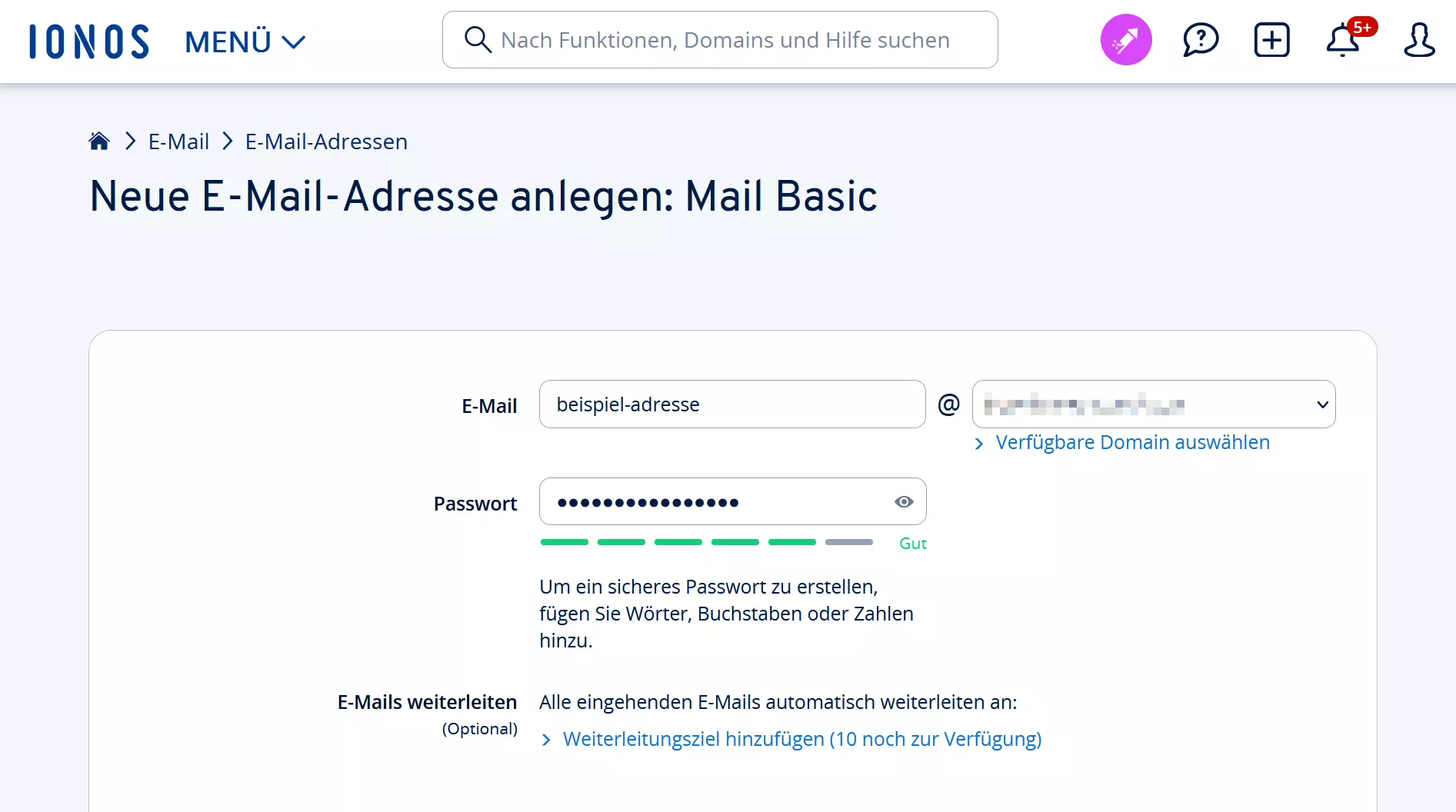 Im IONOS-Kontrollbereich eine neue E-Mail-Adresse anlegen