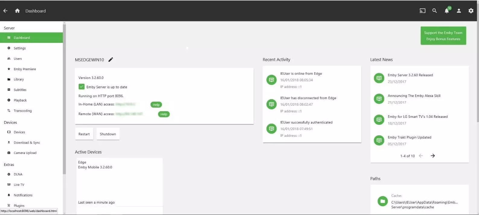 Das Emby-Dashboard im Backend