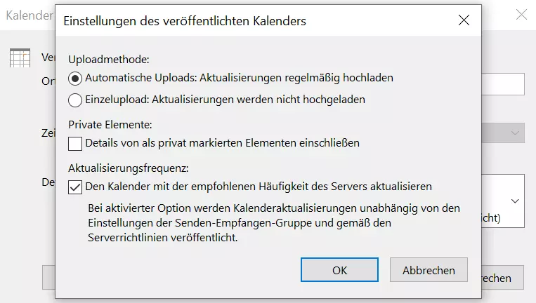 Outlook-Dialogfenster: Einstellungen des veröffentlichten Kalenders