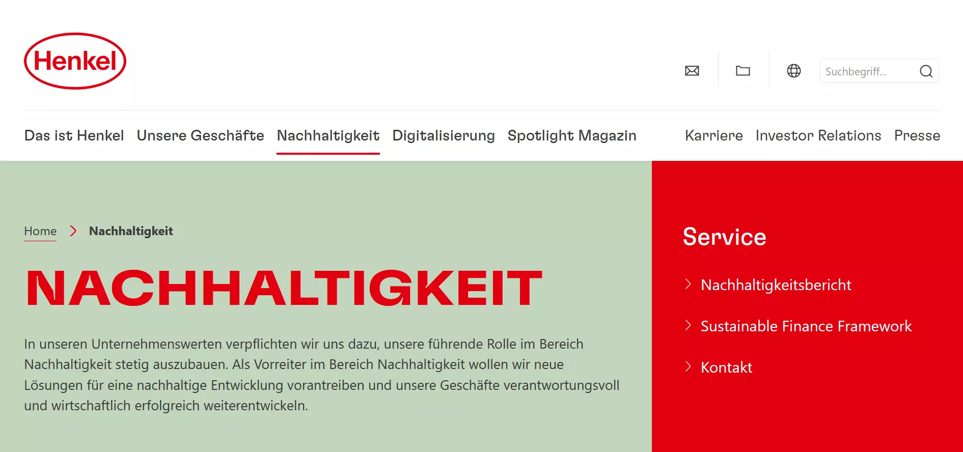 Screenshot der Henkel-Website: Bereich zum Thema „Nachhaltigkeit“