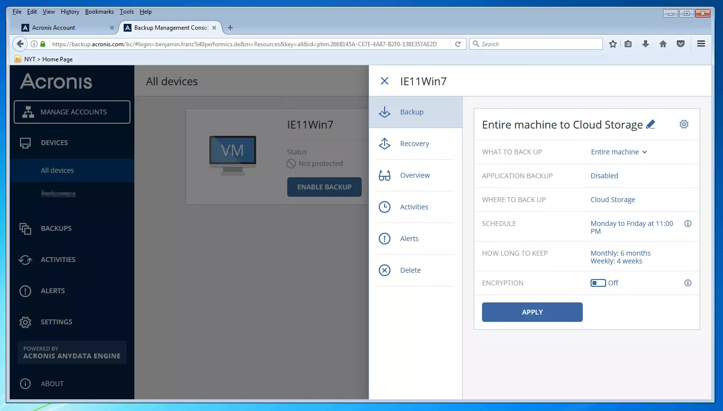 Die Backup-Management-Konsole von Acronis Backup 12.5: Menü zur Erstellung von Backup-Plänen