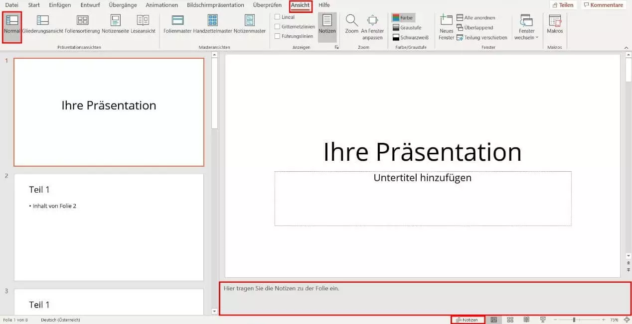 PowerPoint-Notizen: Eingeblendeter Notizbereich