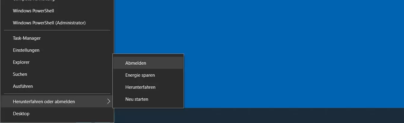 Windows-10-Schnellmenü: Herunterfahren und abmelden