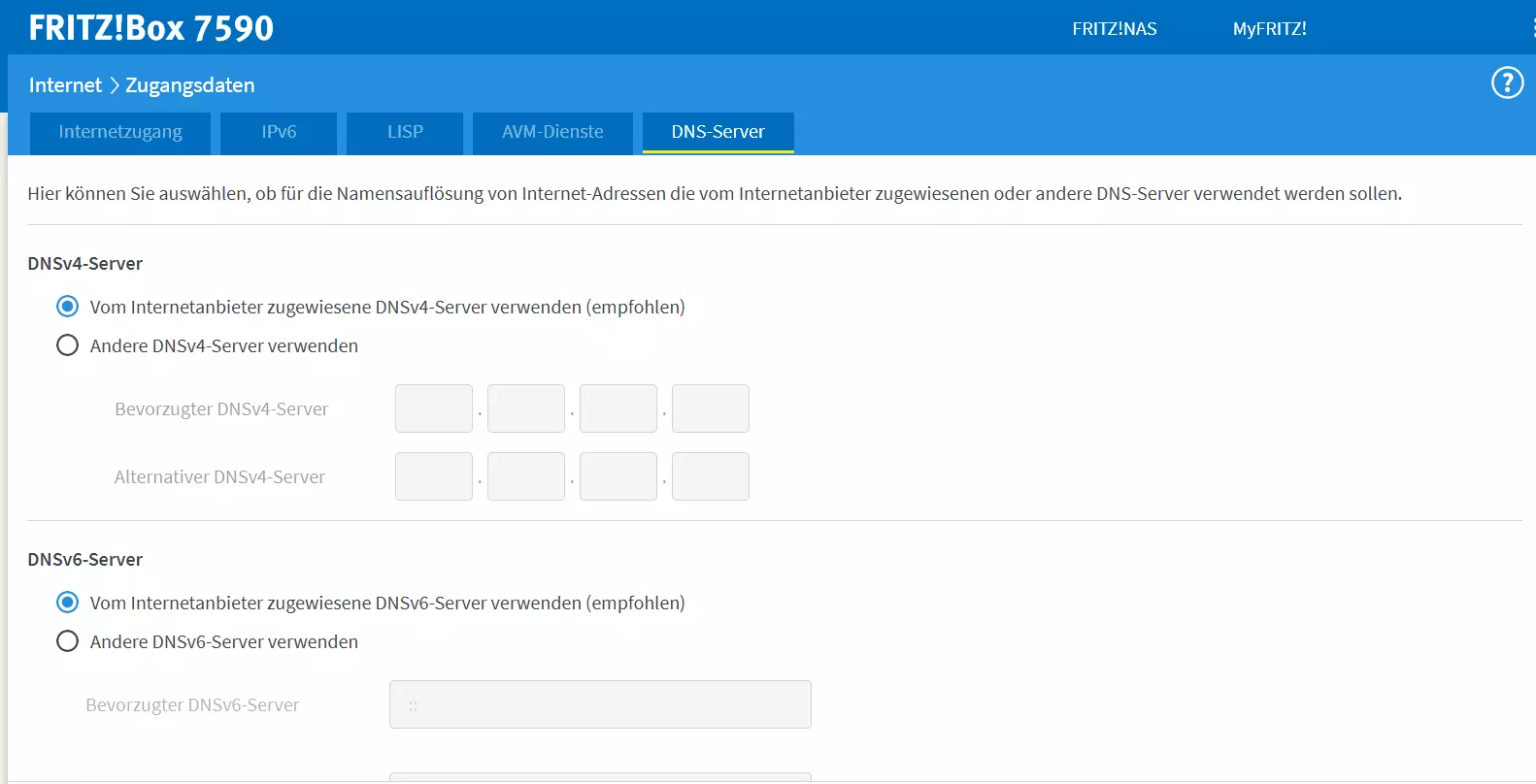 Administrationsbereich einer Fritz!Box 7590 mit Einstellungsmöglichkeiten für den DNS-Server