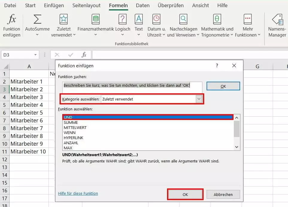 Dialogfeld „Funktion einfügen“: Excel-UND-Funktion