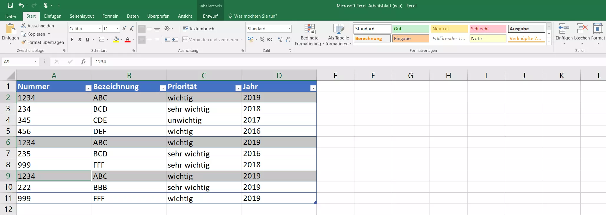 Excel 2016: Beispiel-Tabelle mit identischen Einträgen