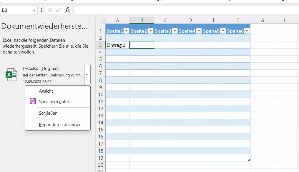 Dokumentenwiederherstellung in Excel