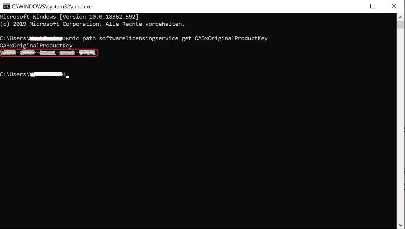 Anzeige des 25-stelligen Product Key in der Kommandokonsole