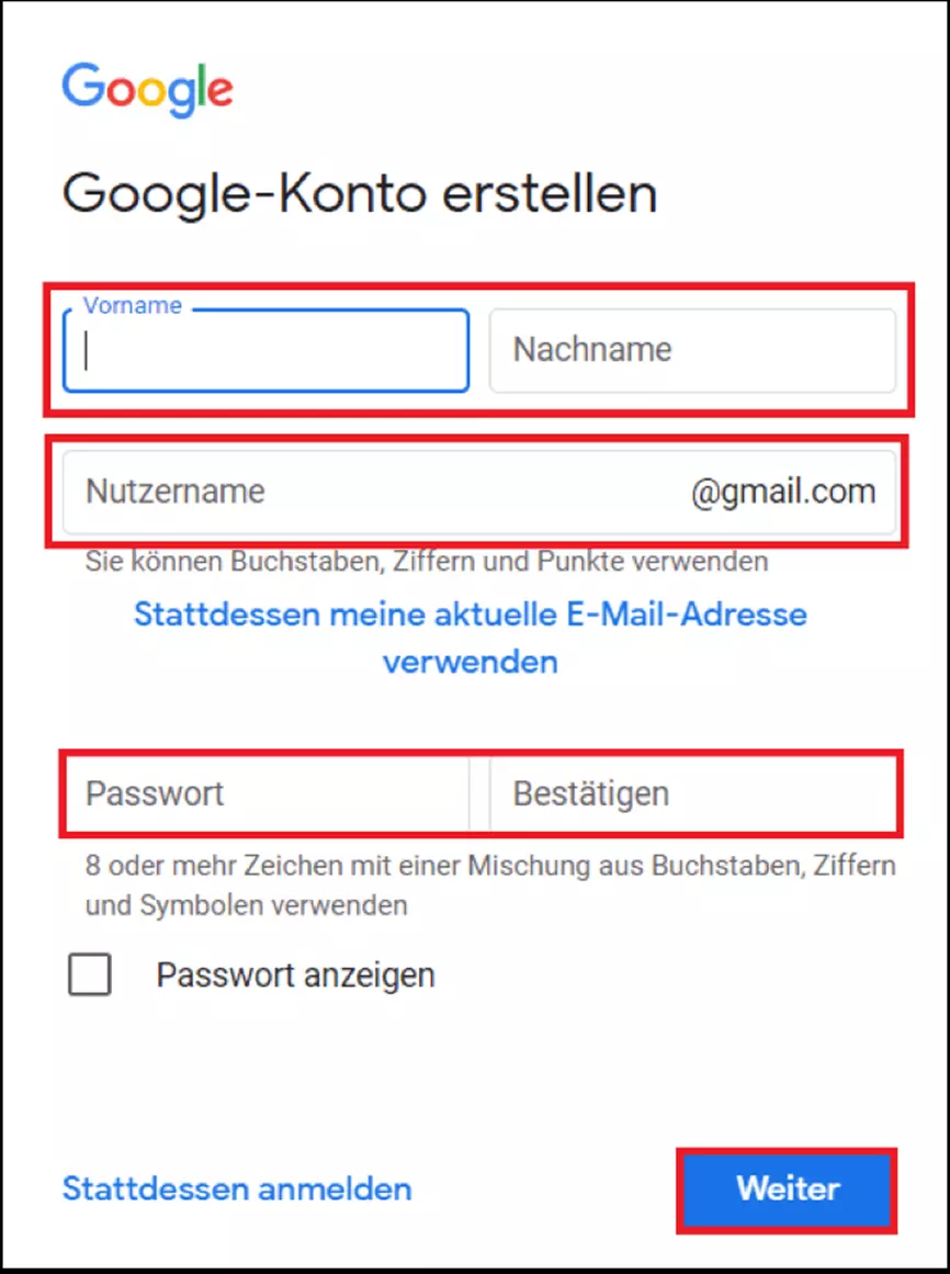 Die Registrierungsseite zum Erstellen eines Google-Kontos