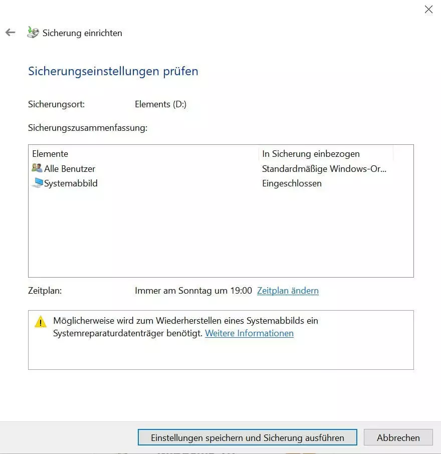 Sicherungseinstellungen für die Windows-10-Datensicherung