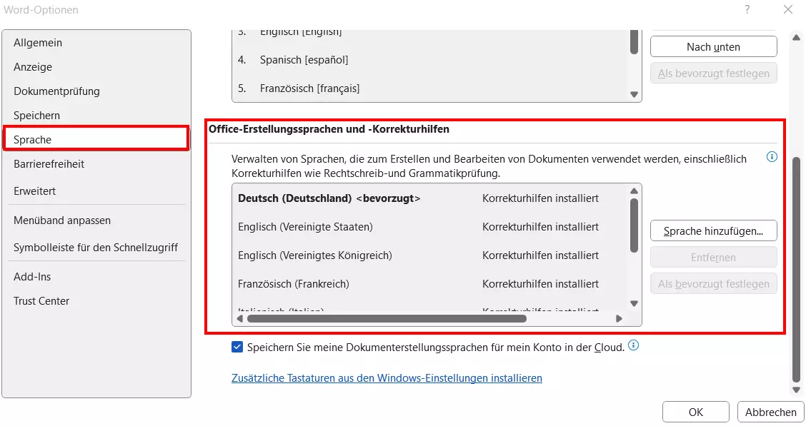 Office-Erstellungssprachen und -Korrekturhilfen in Word