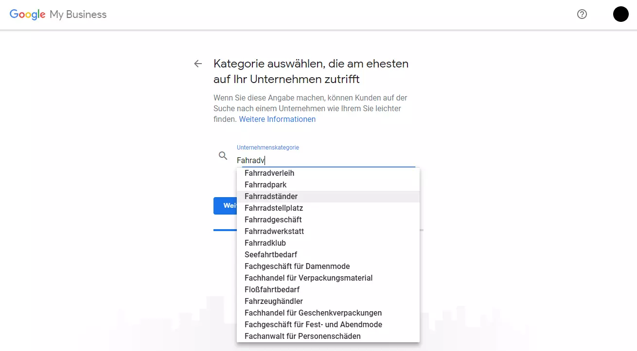 Google My Business: Auswahl der Unternehmenskategorie