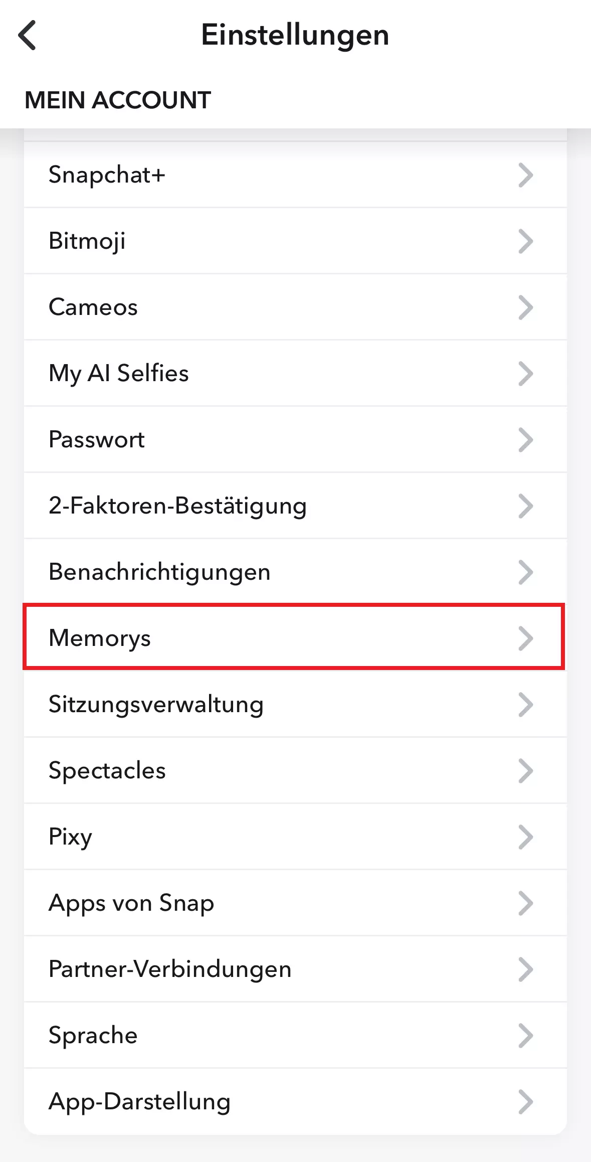 Auswahl der Memorys-Einstellungen unter „Mein Account“