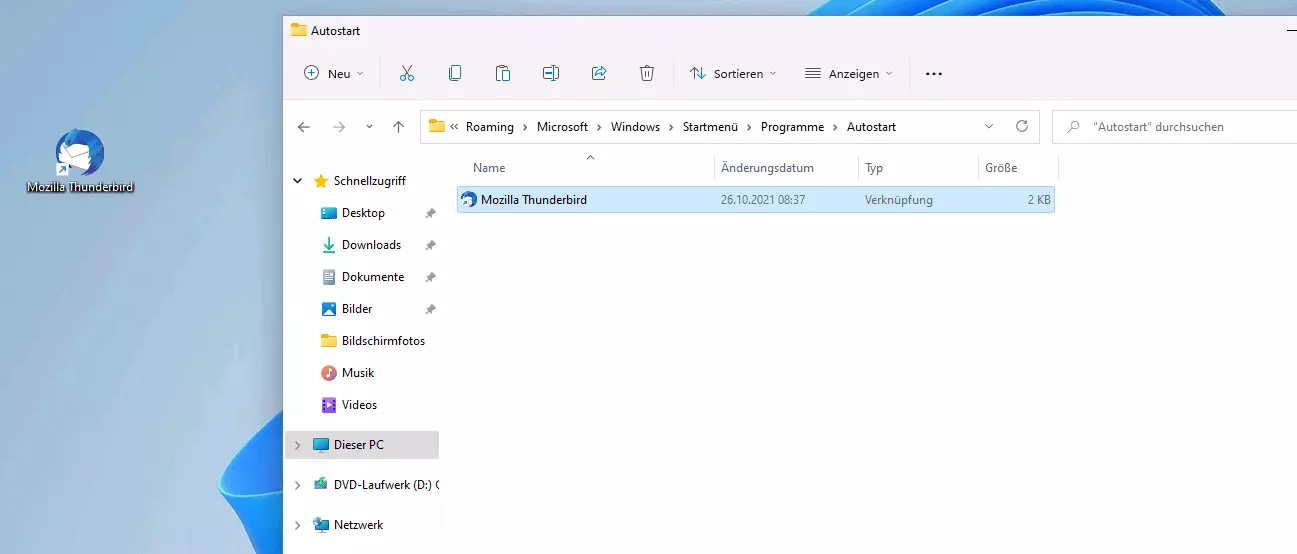 Verknüpfung im benutzerspezifischen Windows-11-Autostart-Ordner