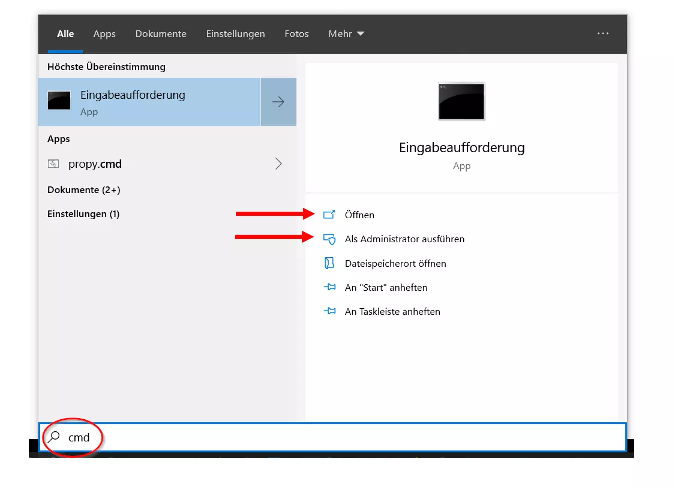 Windows-10-Suchfunktion: Ergebnisseite für „cmd“