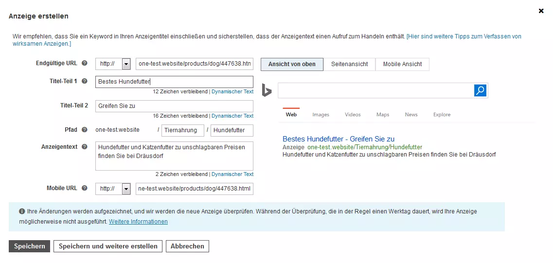 Eingabemaske, um eine Anzeige bei Bing Ads zu erstellen