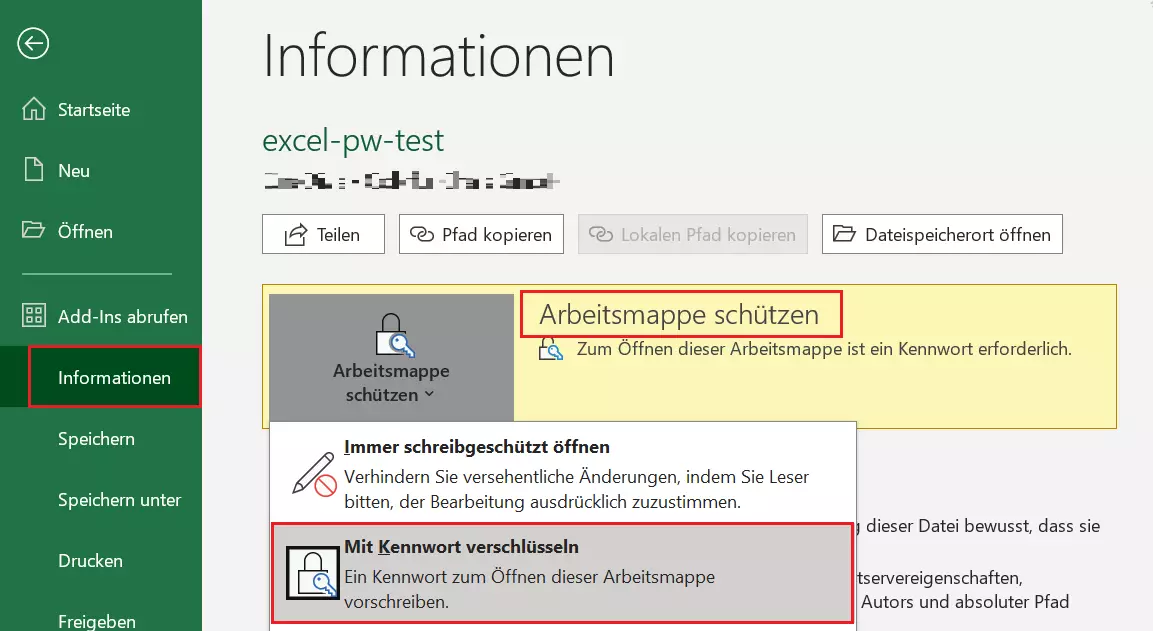 Abbildung des Menüs „Datei“ > „Informationen“ > „Arbeitsmappe schützen“