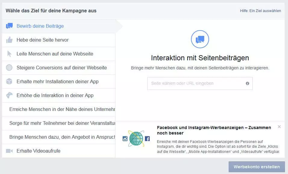 Auswahl des Zieles für eine Facebook-Kampagne