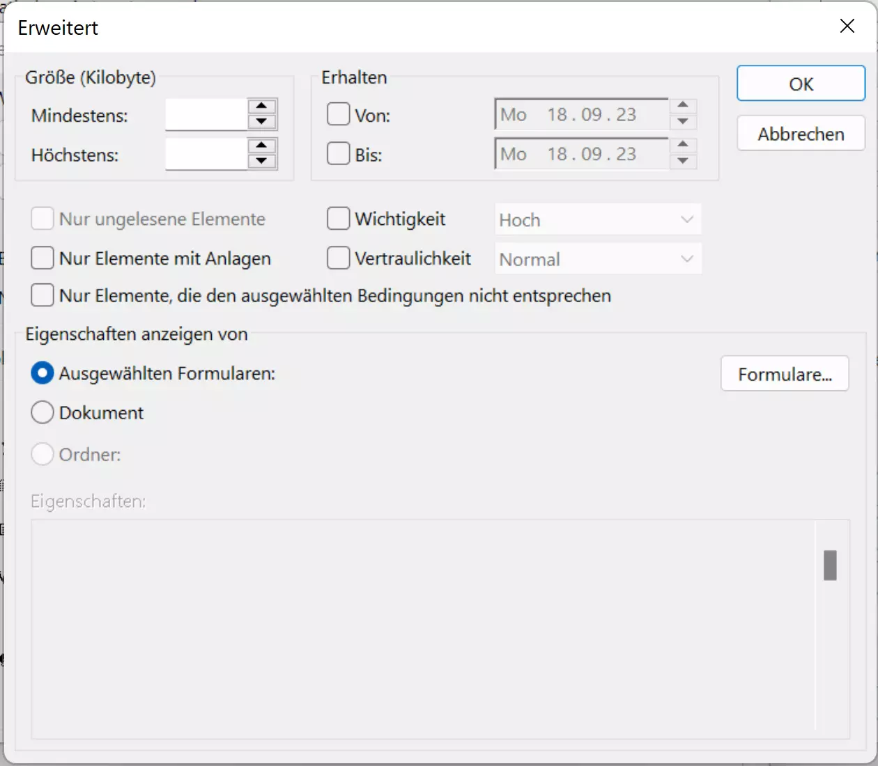 Menü zur Bestimmung erweiterter Regeln für Abwesenheitsnotizen in Outlook