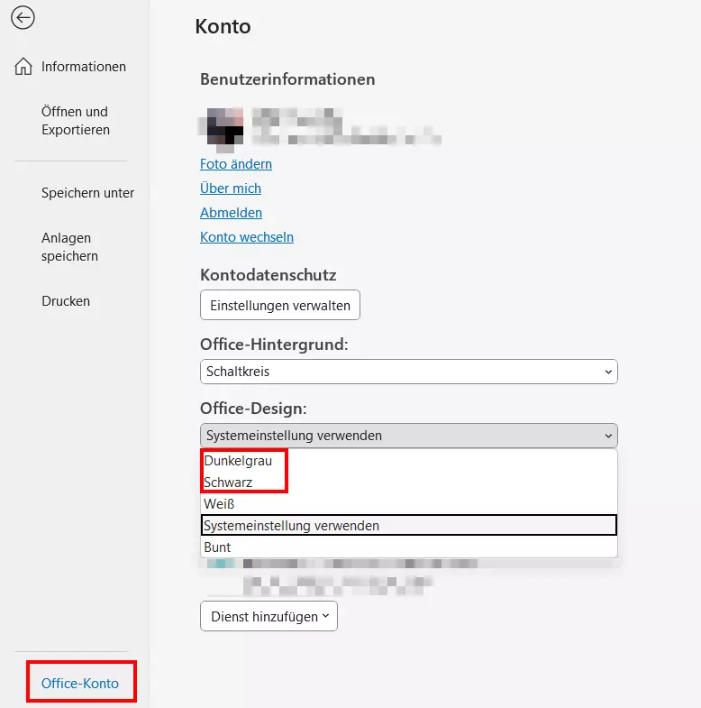 Die Option „Office-Design“ im Office-Konto mit den Dark-Mode-Designvarianten