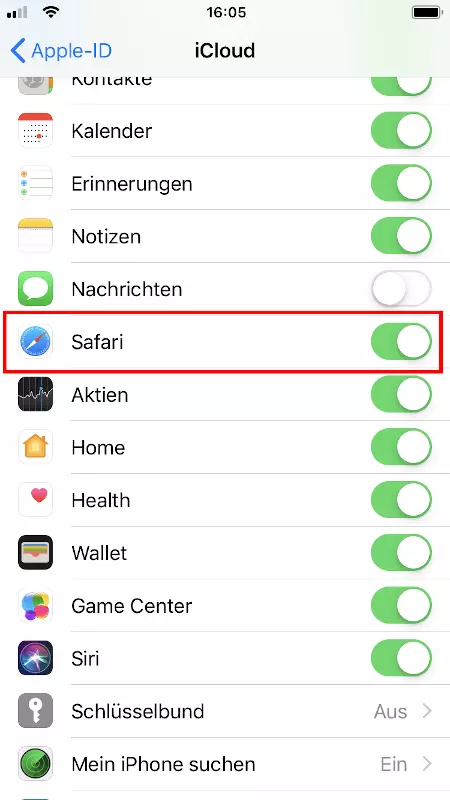 Auswahl der Apps für die iCloud-Synchronisierung