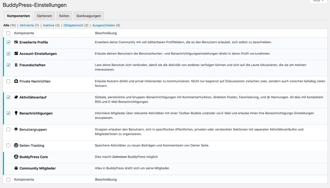 BuddyPress Einstellungen im WordPress-Backend