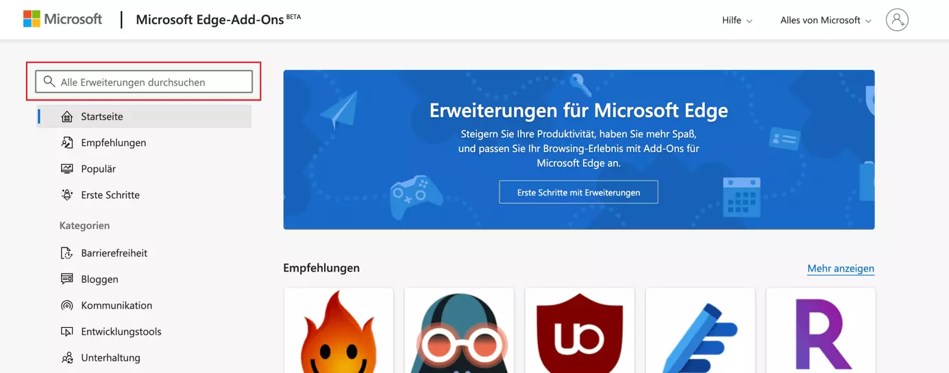 Nutzen Sie die Suchmaske, um das gewünschte Add-on zu finden