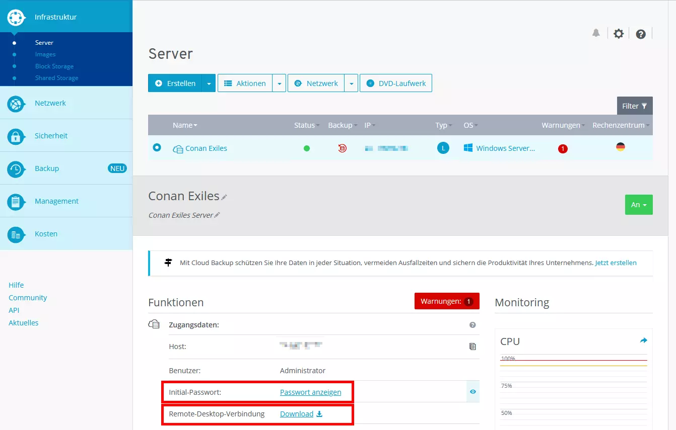 Server-Details im Cloud Panel von IONOS