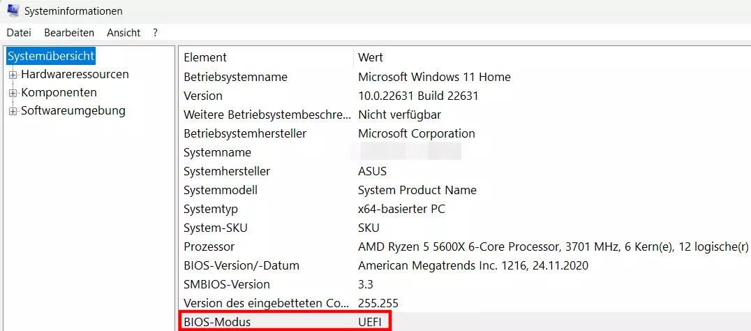 BIOS-Modus in der Systemübersicht vonWindows 11