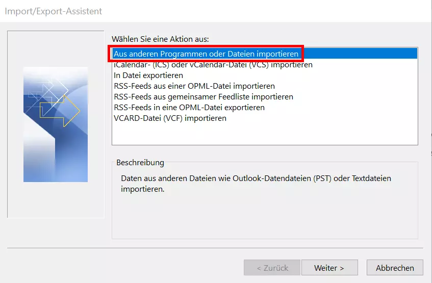 Outlook Import/Export-Assistent mit Optionen für den Import und Export von Dateien