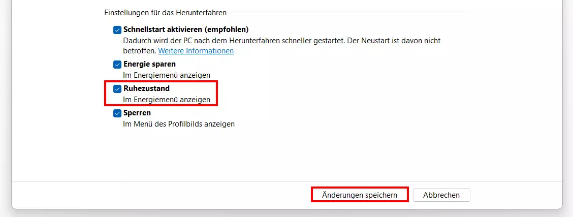 Windows 11: „Ruhezustand im Energiemenü anzeigen“ aktiviert