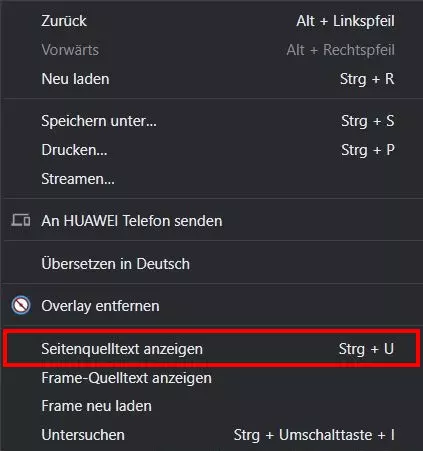 Kontextmenü: Seitenquelltext anzeigen