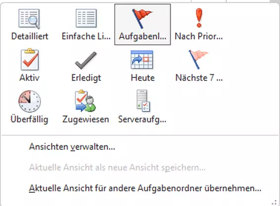 Die Auflistung möglicher Anzeigeoptionen für Aufgaben im Menü „Ansicht ändern“