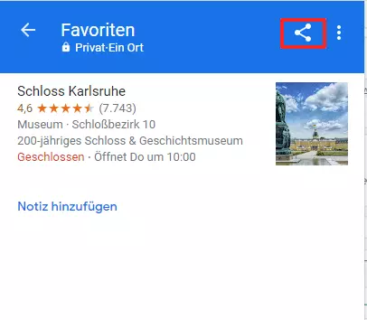 Screenshot eines gespeicherten Orts in Google Maps